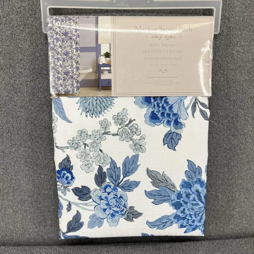 Market Street Bath Fabric Shower Curtain Floral cottage garden Thai Kingdom Blue